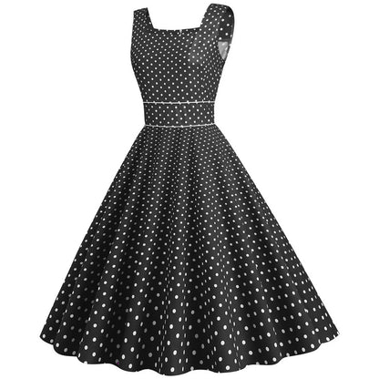Women Vintage 1950s Retro Dress Sleeveless Dot Print Square Neck Waist In A-Line