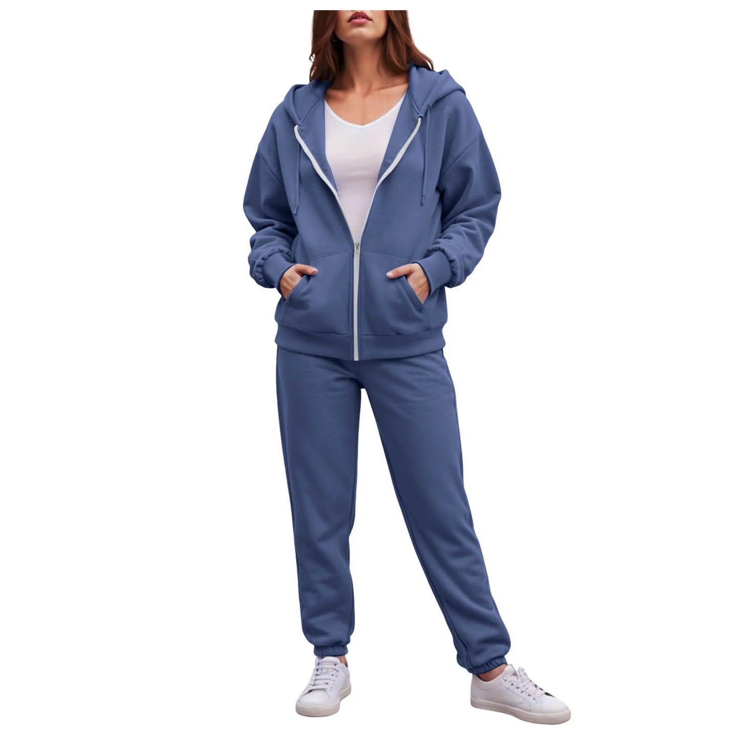 Women Long Sleeve Solid Color Hooded Sweatshirt and Pant