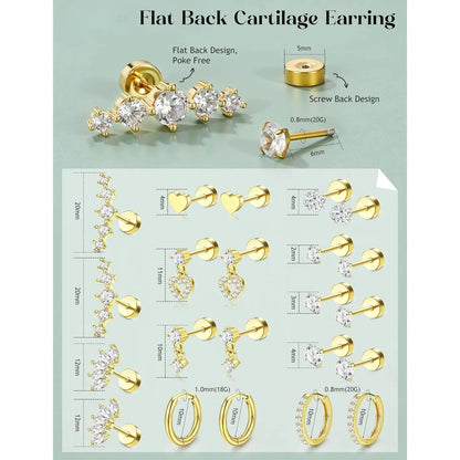 11 Pairs Flat Back Earrings for Women-20G Surgical Stainless Steel Stud and Hoop Earring