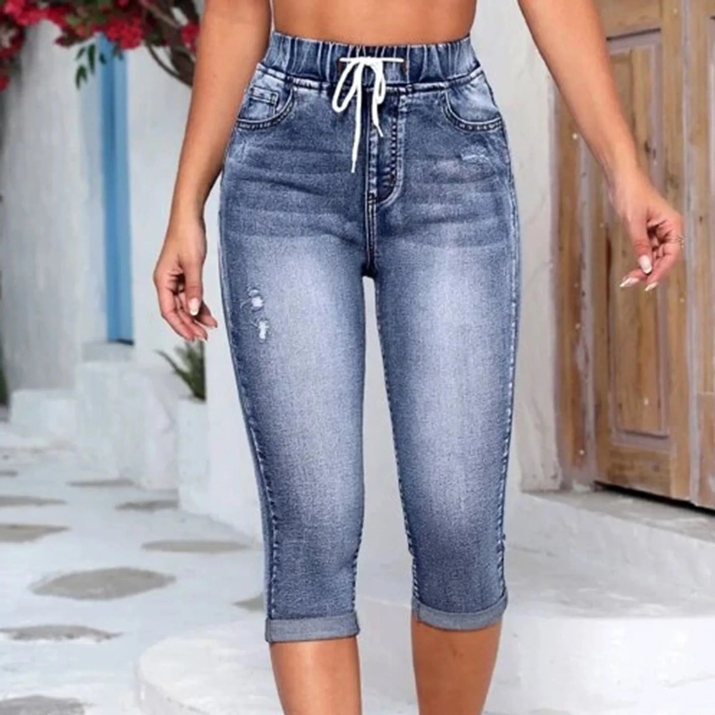 Women's Denim High Waist Slim Fit Drawstring Waistband Capri Pants