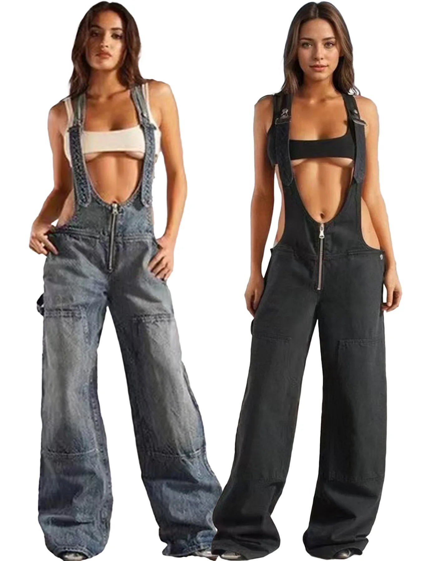 Low Waist shoulder Strap Wide Leg Jeans Low Rise Cargo Trousers with Straps