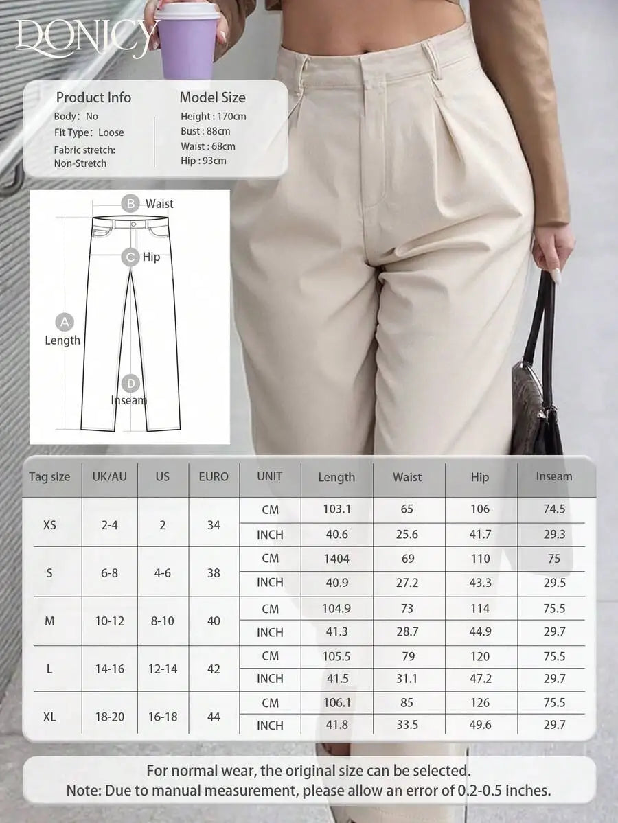 Women's Beige High Waist Straight Leg Pleated Trousers