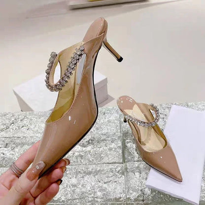 2025 New Fashionable Fine Heeled Muller Shoes with Pointed Water Diamond Chain Banquet