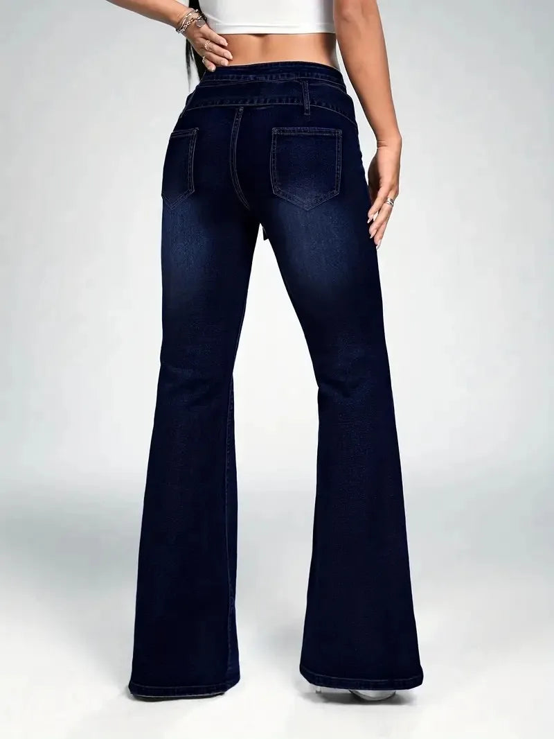Women's fashionable casual wash dark blue decorative strap buckle stretch slim fit slim flared jeans