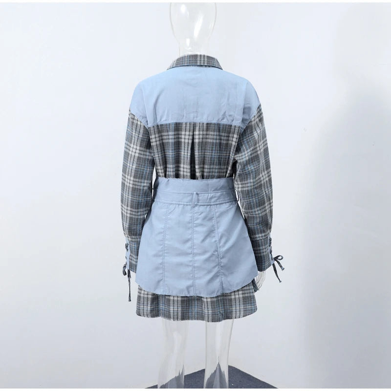Lapel Color Blocked Shirt Waist Cinching Irregular Hem Short Skirt Set Woman Loose Long Plaid Shirt Patchwork Women Denim Suits
