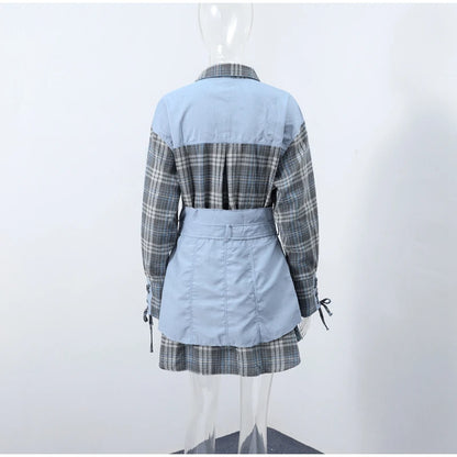 Lapel Color Blocked Shirt Waist Cinching Irregular Hem Short Skirt Set Woman Loose Long Plaid Shirt Patchwork Women Denim Suits