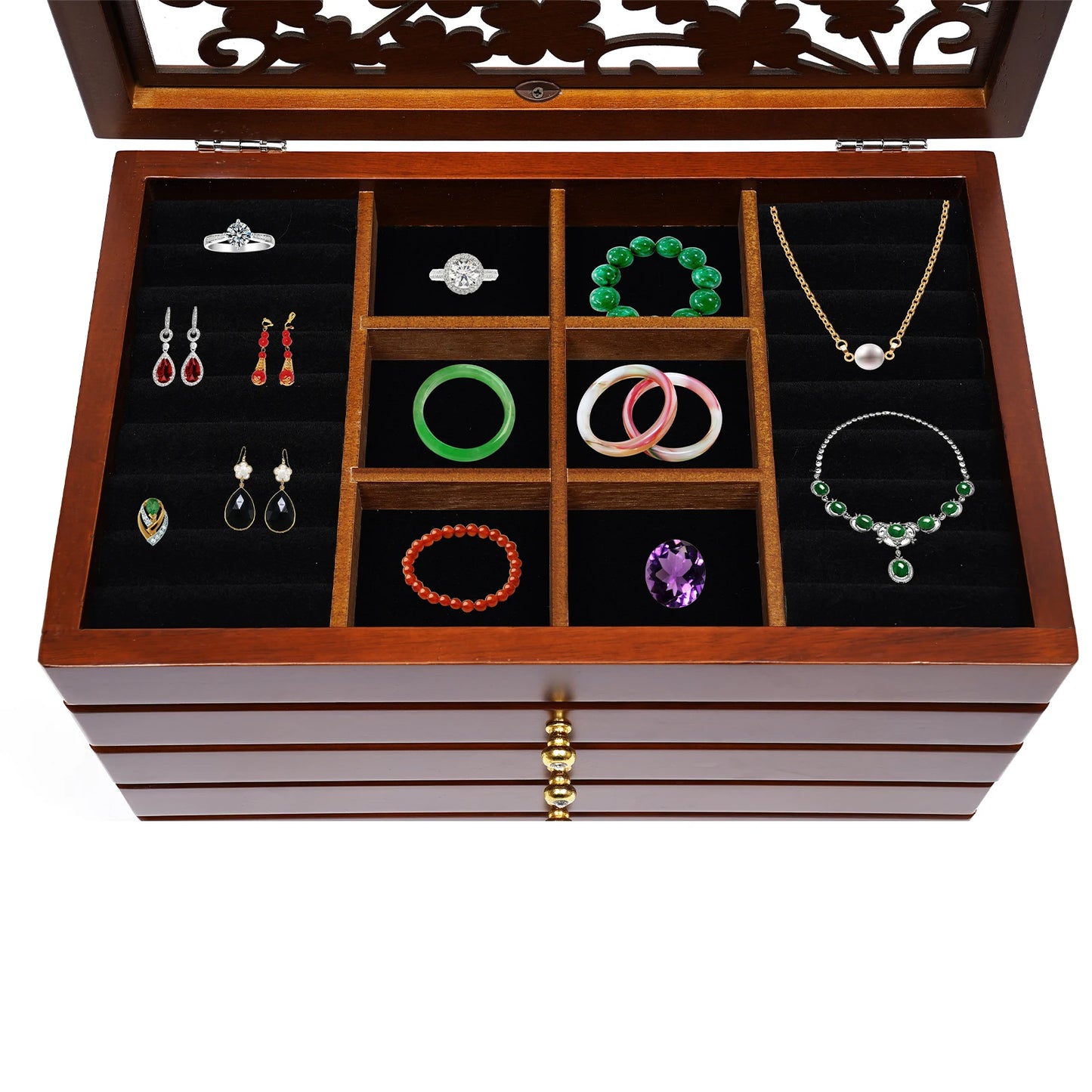 6-Tier Walnut Jewelry Box, Wooden Jewelry Organizer for Earrings Necklaces Rings Bracelets
