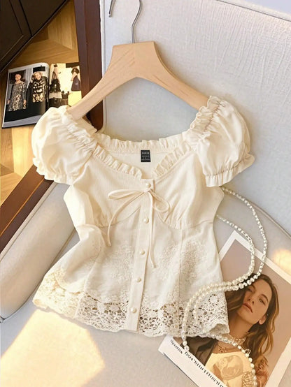 Women's Off-Shoulder Ruffled Lace Trim Cropped Blouse with Pearl Buttons