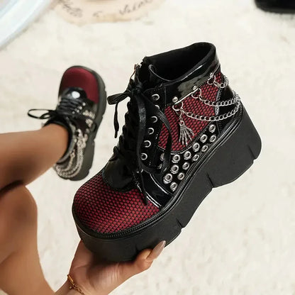 Women's Y2K Punk Goth Platform Ankle Boots, chains around heal, Hole Wedge High Heels