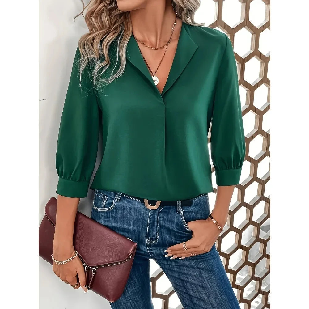 Plus Size 1XL-5XL Autumn New Women's Lapel Simple Solid Color V-neck Shirt