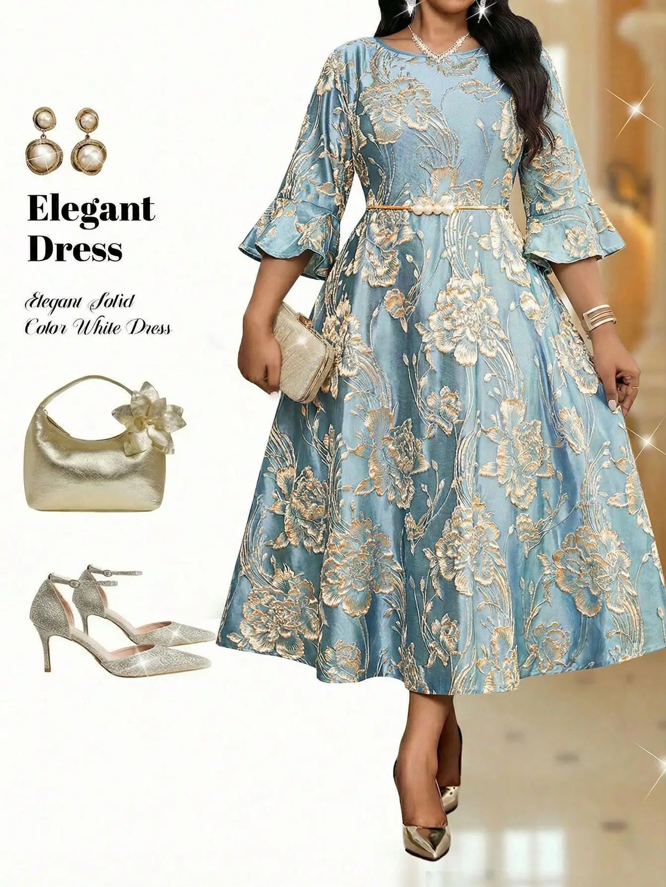 Plus Size Jacquard Floral Dress with Flared Sleeves & Waist Belt