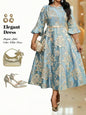 Plus Size Jacquard Floral Dress with Flared Sleeves & Waist Belt