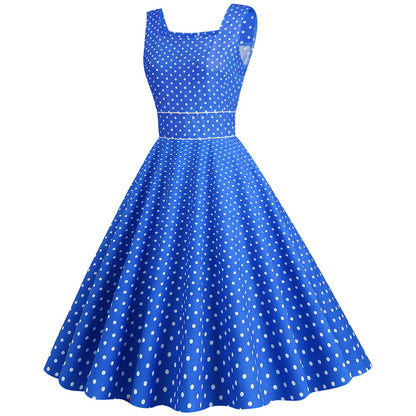Women Vintage 1950s Retro Dress Sleeveless Dot Print Square Neck Waist In A-Line