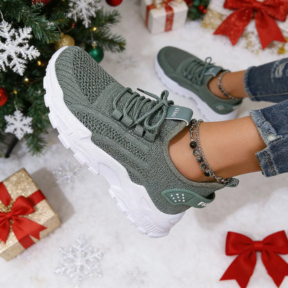 Fashion Knitted Sneakers for Women Mesh Breathable Lace-up Casual Sports Shoes
