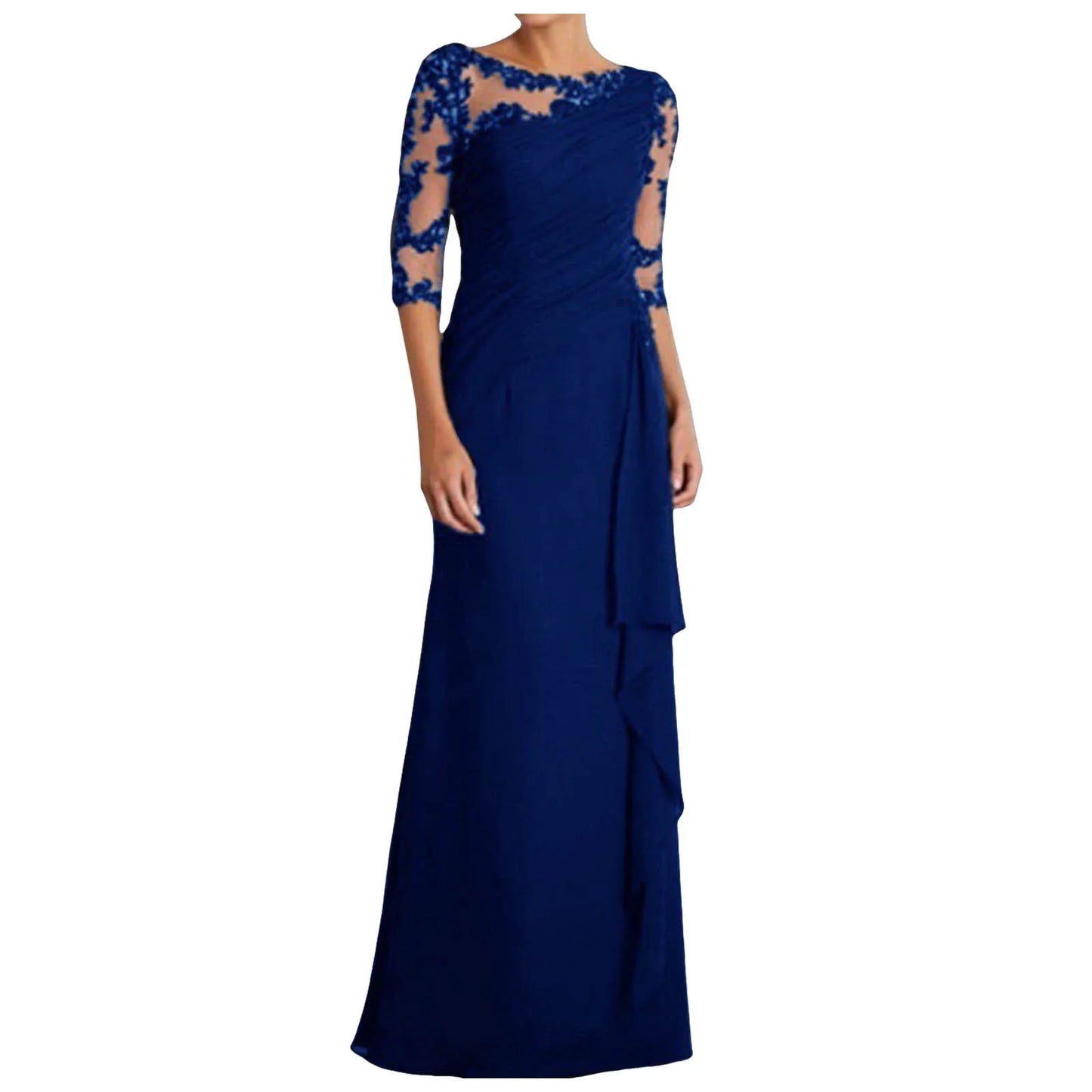 Women Elegant Lace Long Dress Sexy See Through Round Neck Mid Sleeve Dress Solid Color