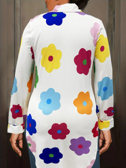 Women's Large Size Colorful Flower Printed Long Sleeve shirt