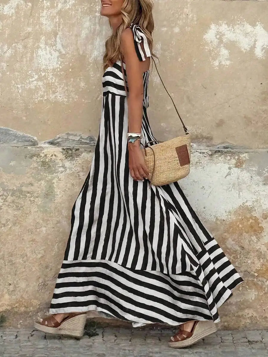 Striped Sleeveless A-Line Maxi Dress for Women, Boho Summer Casual Dress