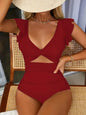 Contrast Mesh One Piece Swimsuit, V Neck Solid Color Backless Tummy Control High Cut Bathing Suit,