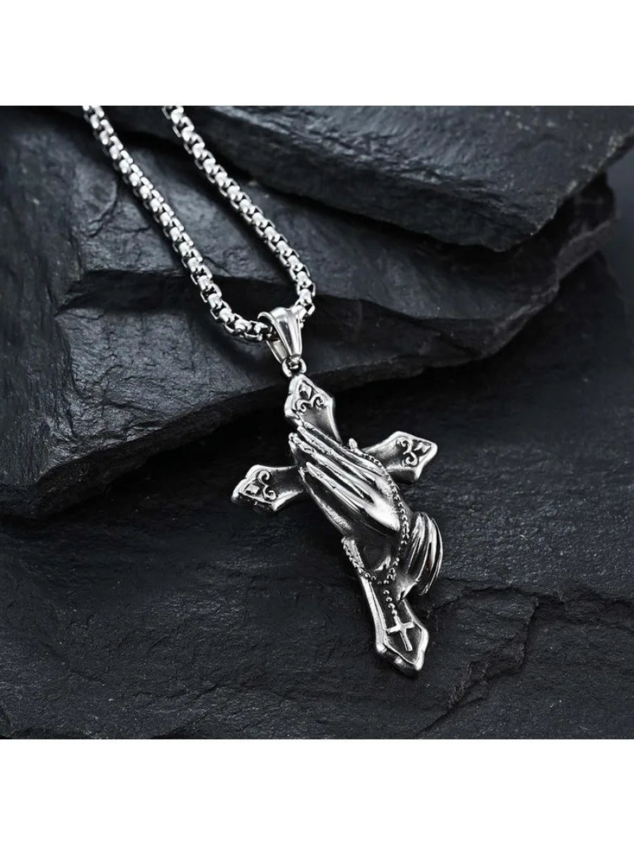 Praying Hands Necklace Black Stainless Steel Cross Box Chain