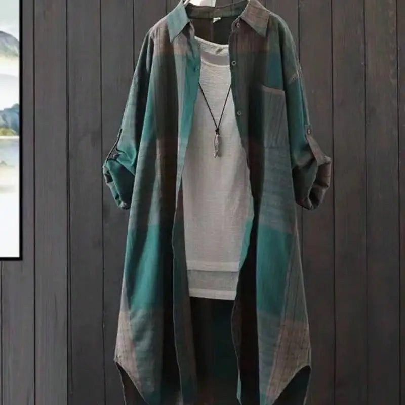 Plus Size Casual Retro Midi Women's Striped Plaid Loose Long Sleeve