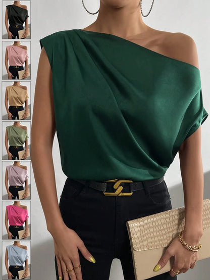 One Shoulder Satin Blouse with Asymmetrical Neckline, Solid Color Women's Top
