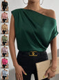 One Shoulder Satin Blouse with Asymmetrical Neckline, Solid Color Women's Top