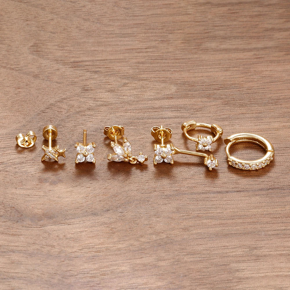 6PCS Fashion Cute Zircon Flower Ear Stud 18K Gold Plated Star Ear Stud Earrings