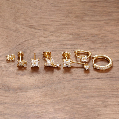 6PCS Fashion Cute Zircon Flower Ear Stud 18K Gold Plated Star Ear Stud Earrings