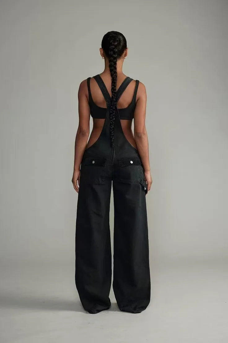 Low Waist shoulder Strap Wide Leg Jeans Low Rise Cargo Trousers with Straps