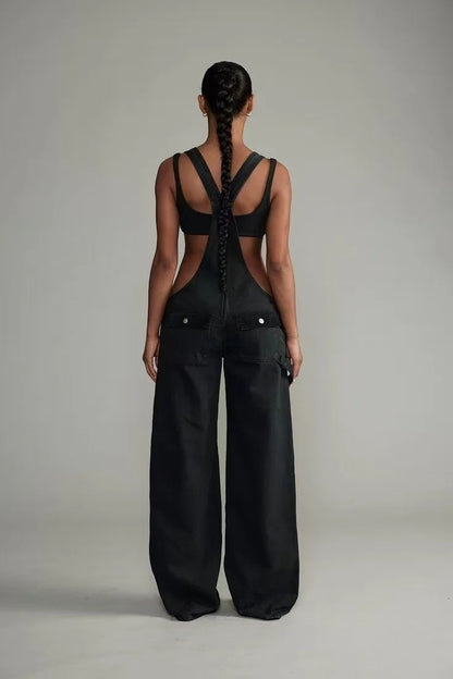 Low Waist shoulder Strap Wide Leg Jeans Low Rise Cargo Trousers with Straps