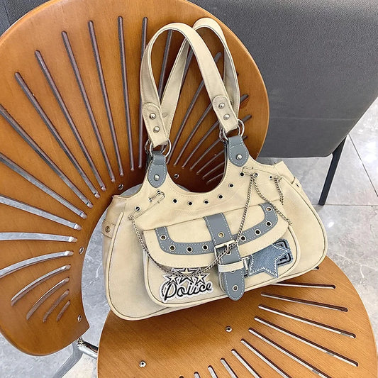 Gothic Punk Y2K One Shoulder Tote Bag, Harajuku Aesthetic Leather Patchwork Casual Handbag.