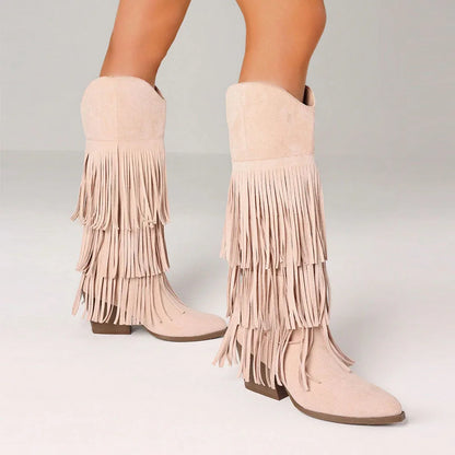 Women's Retro Fringe Knee High Cowboy Boots Fashion Pointed Toe Block Chunky High Heel Pull on
