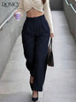 Women's Beige High Waist Straight Leg Pleated Trousers