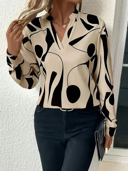 Plus Size Autumn New Women's Casual Graphic Print Notched Neck Blouse