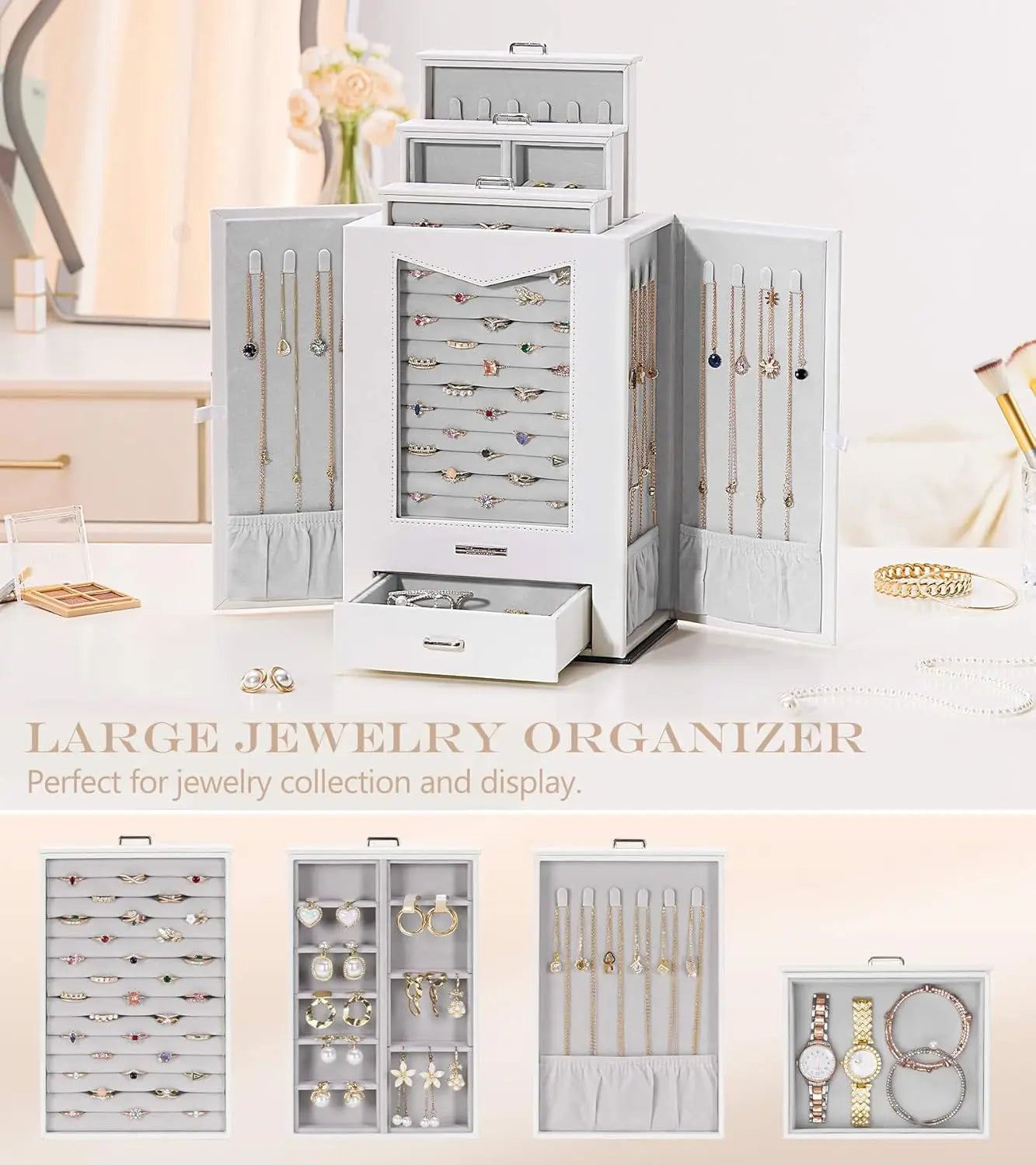 Jewelry Organizer with Transparent Window Necklace Hooks Jewelry Box Display