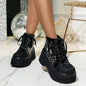 Women's Y2K Punk Goth Platform Ankle Boots, chains around heal, Hole Wedge High Heels