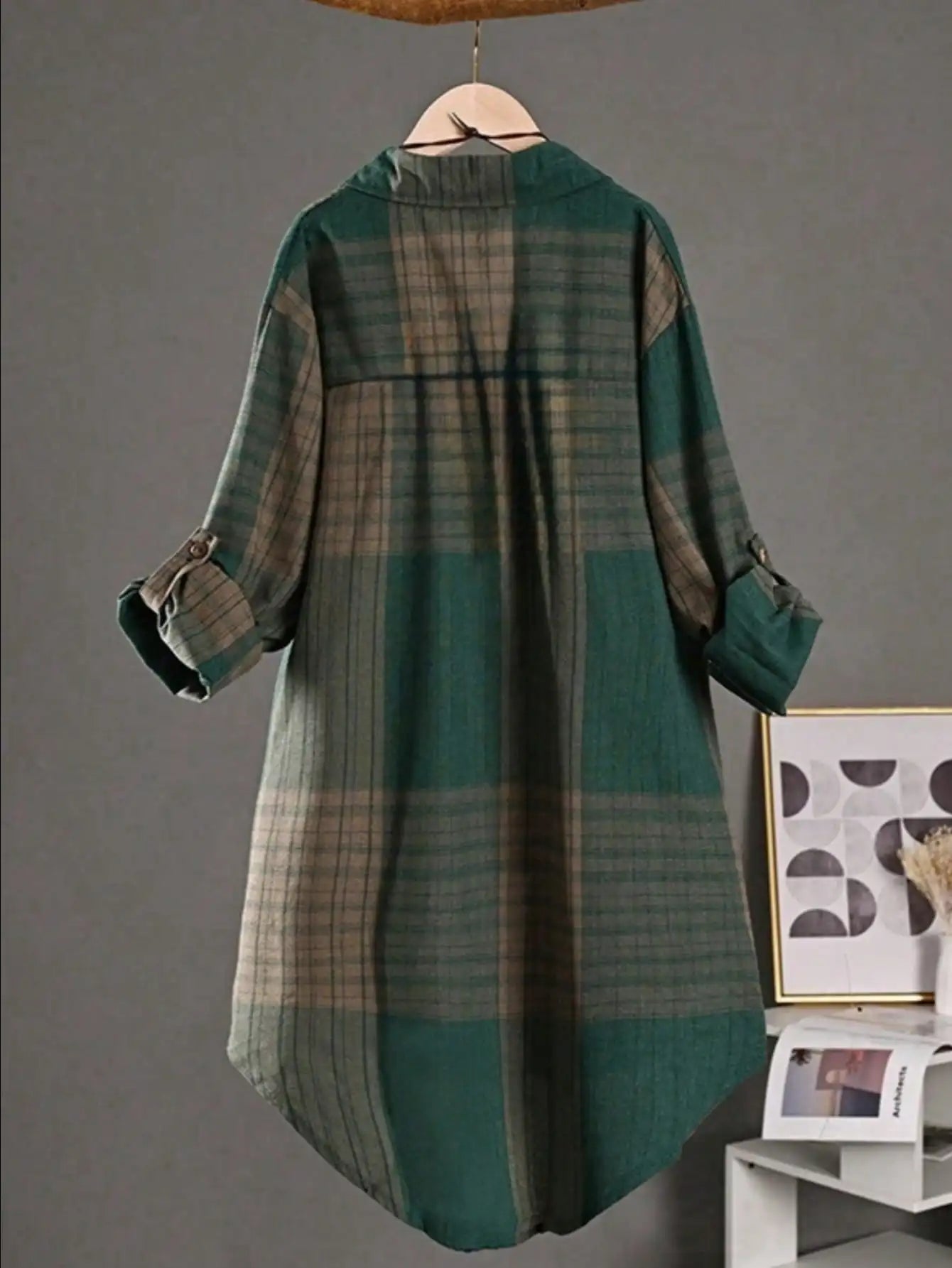 Plus Size Casual Retro Midi Women's Striped Plaid Loose Long Sleeve