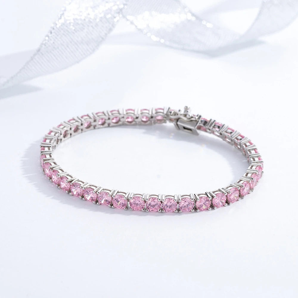 New In Solid 925 Sterling Silver 5MM Lab Pink Sapphire Gemstone Tennis Chain Bracelets