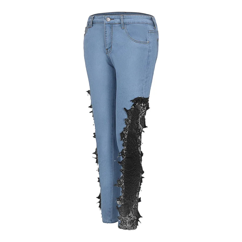 Hollow Out Floral Lace Pants Low Waist Slim Pencil Denim Jeans