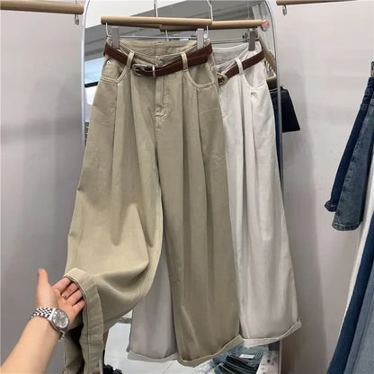 Khaki Color Women's High Waist Straight Leg Jeans Pear Shape Body Slimming Harlan Wide Leg Pant
