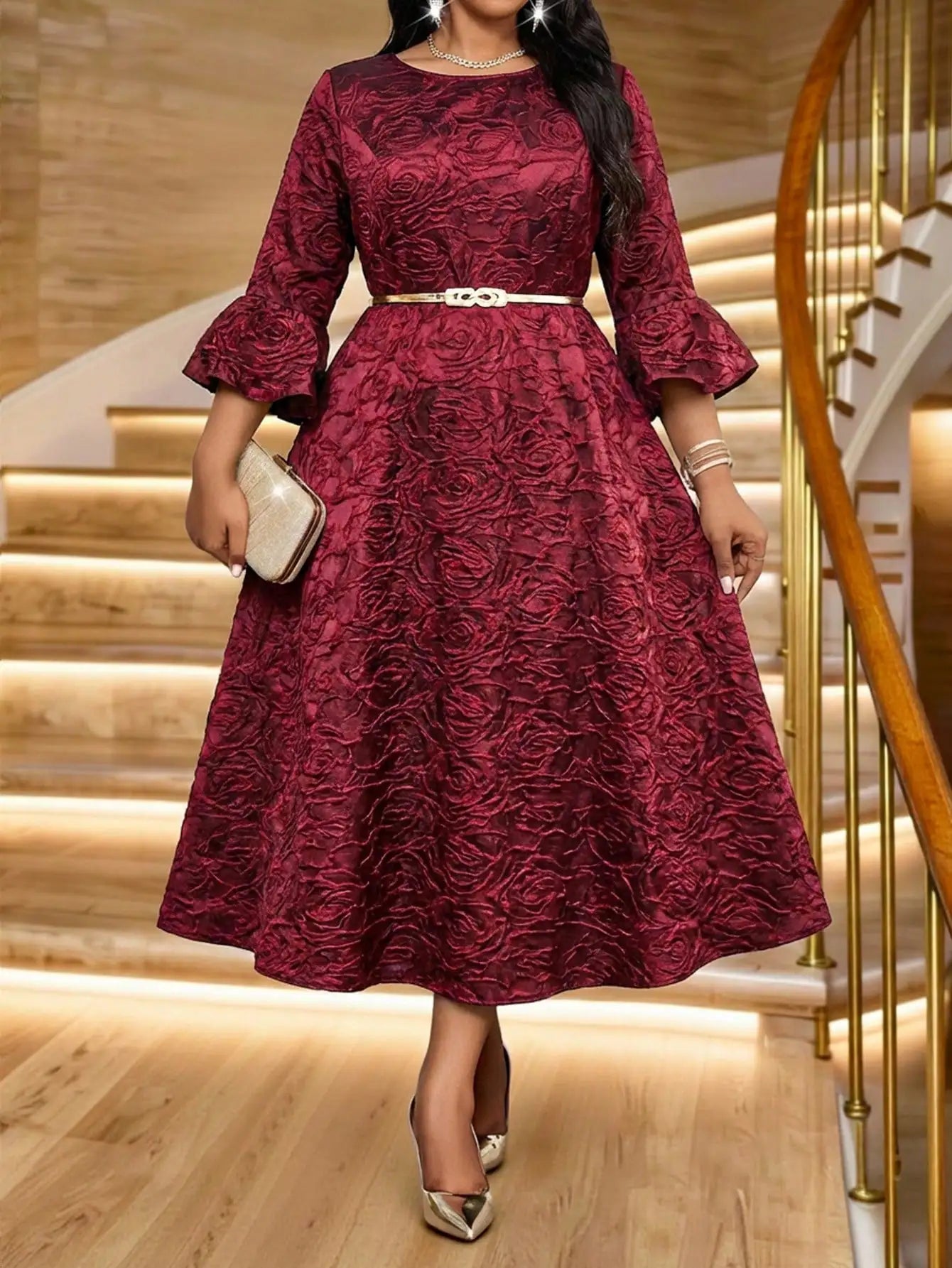 Plus Size Jacquard Floral Dress with Flared Sleeves & Waist Belt