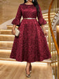 Plus Size Jacquard Floral Dress with Flared Sleeves & Waist Belt