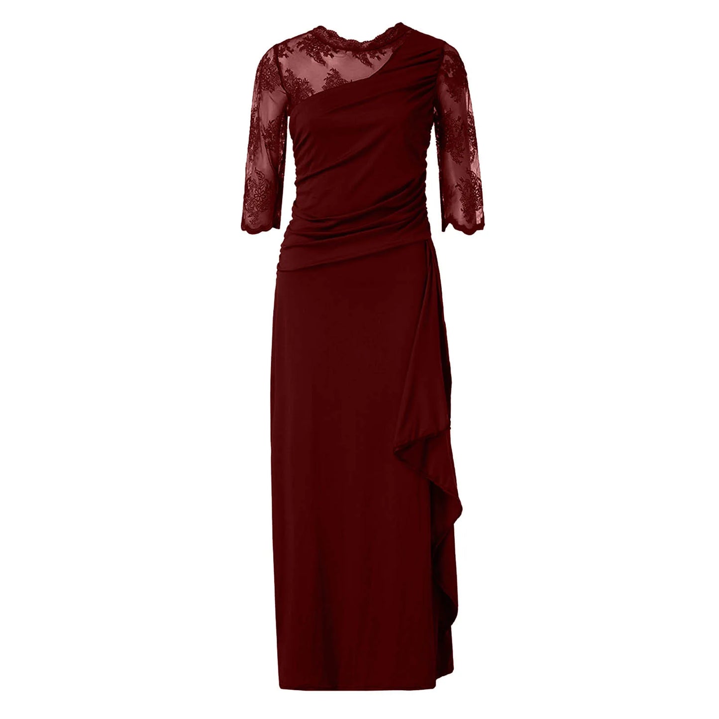 Women Elegant Lace Long Dress Sexy See Through Round Neck Mid Sleeve Dress Solid Color
