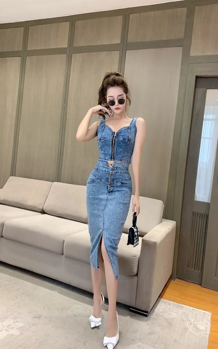 denim 2 piece outfits summer top and skirt