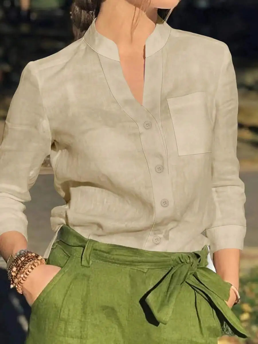 Women's White Linen Blend Button-Up Blouse with V-Neck and Chest Pocket