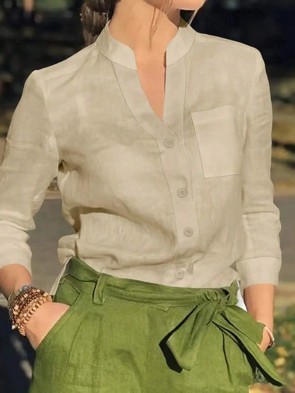 Women's White Linen Blend Button-Up Blouse with V-Neck and Chest Pocket