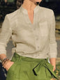 Women's White Linen Blend Button-Up Blouse with V-Neck and Chest Pocket