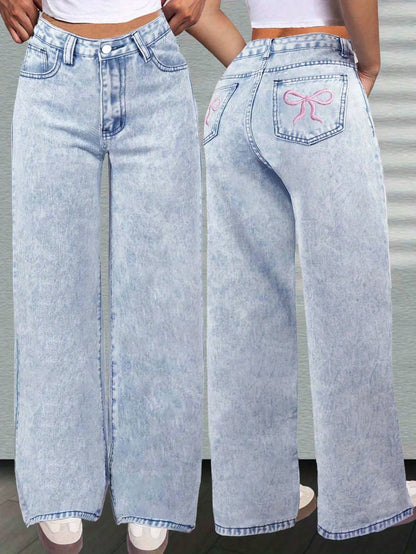 Casual, simple, cute, and sweet jeans for girls, featuring pink bow embroidery