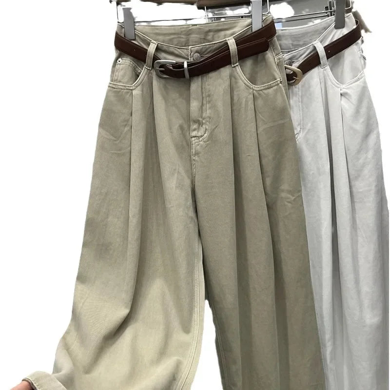 Khaki Color Women's High Waist Straight Leg Jeans Pear Shape Body Slimming Harlan Wide Leg Pant