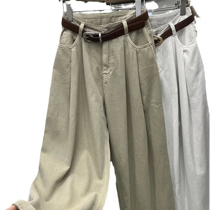 Khaki Color Women's High Waist Straight Leg Jeans Pear Shape Body Slimming Harlan Wide Leg Pant